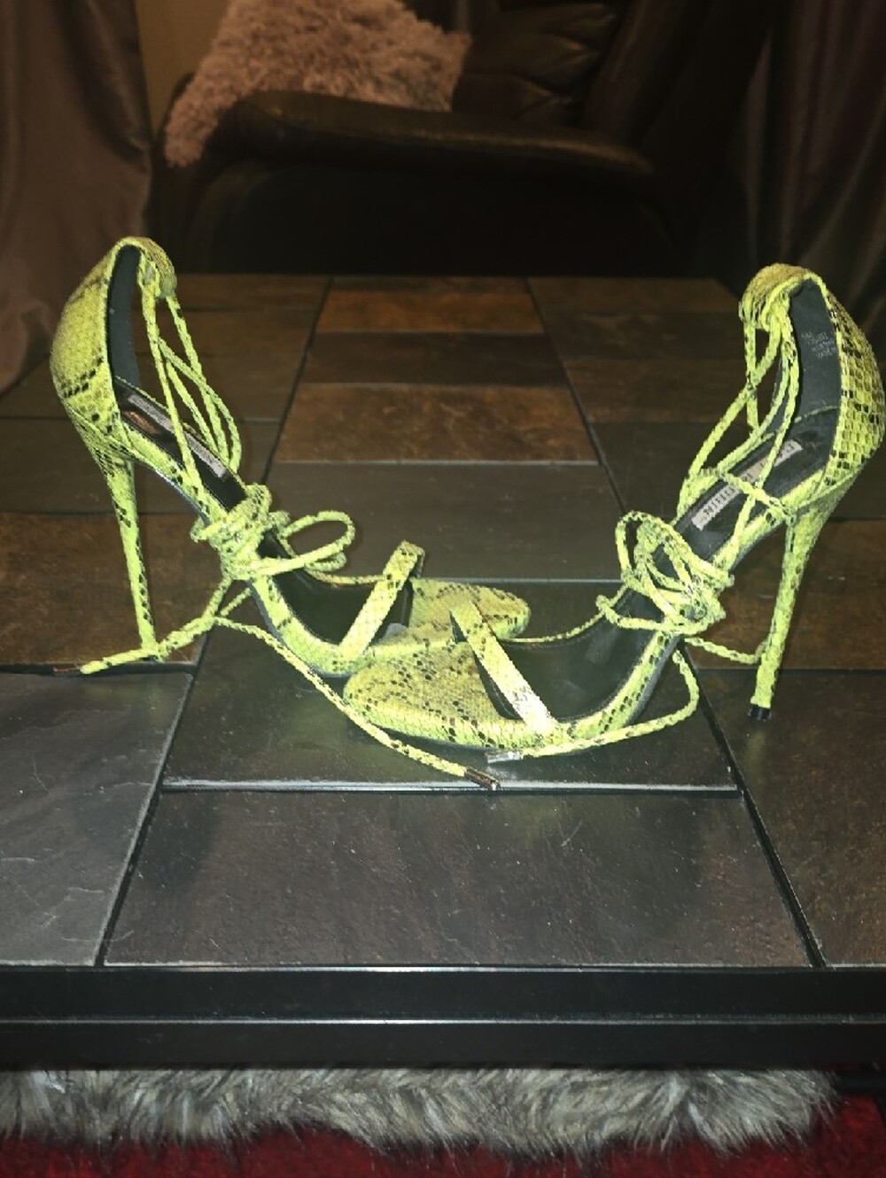 Cape Robbin Neon Lime Snake-Print Lace-Up Heels - Picture 2 of 5